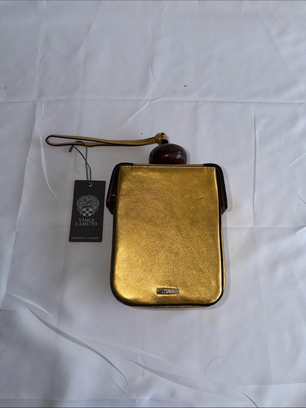 Vince Camuto Metallic Gold Leather Wood Ball Kiss-Lock Wristlet Clutch
